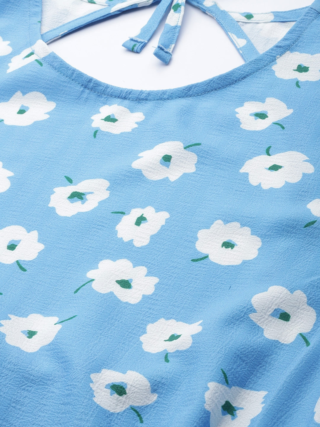 Women's Blue Floral Print Puff Sleeve Crop Top – Casual Round Neck Cinched Waist Top