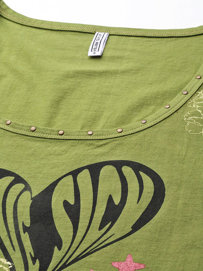Women's Heart Print Graphic Tank Top – Sleeveless Cotton Casual Summer Vest | Olive Green