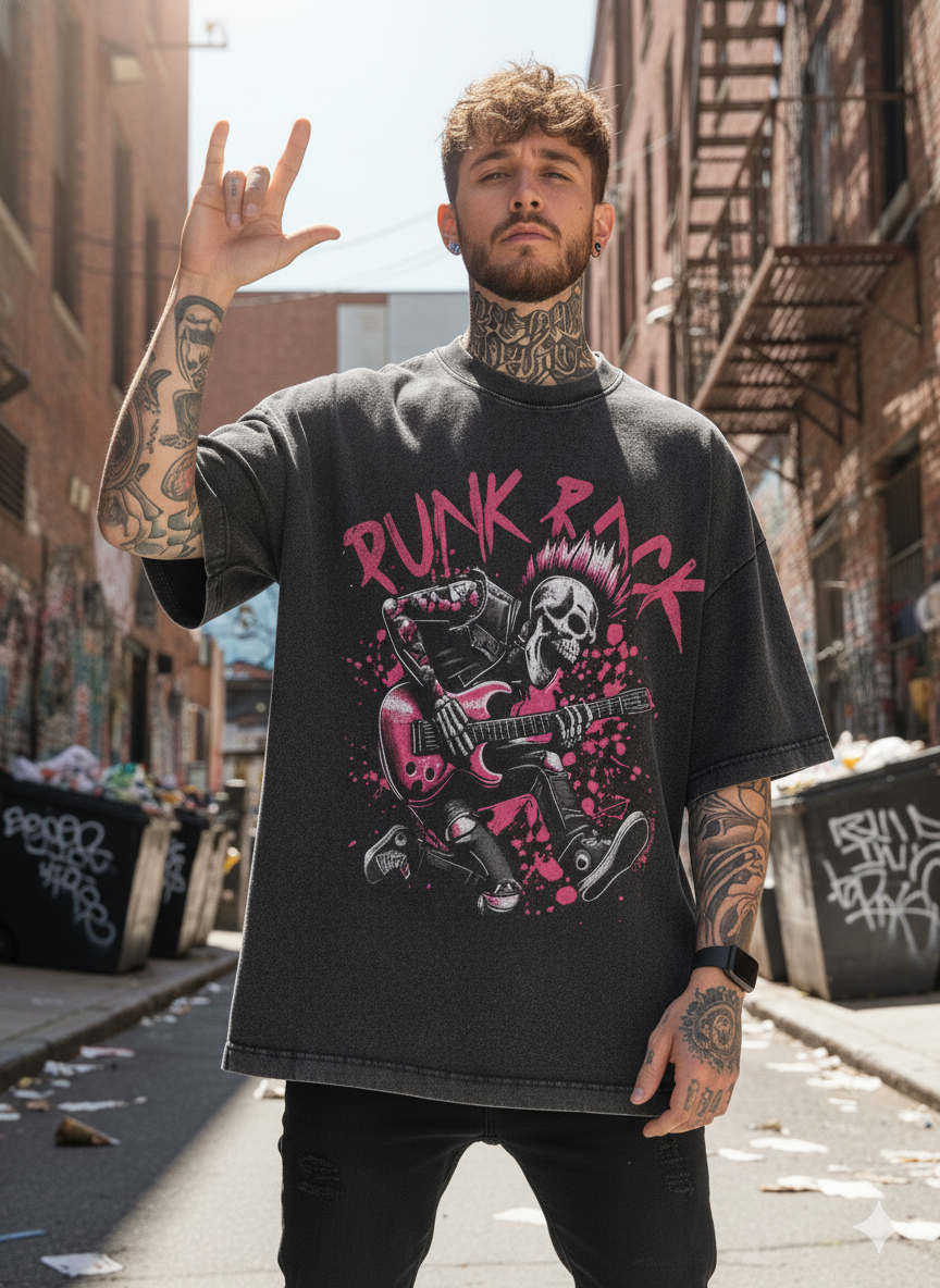 Men's Oversized Punk Rock Skull Graphic T-Shirt | Premium Cotton Acid Wash Tee