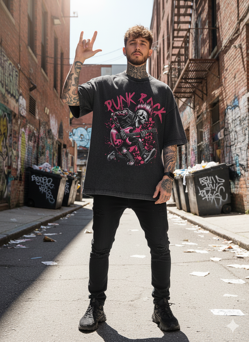 Men's Oversized Punk Rock Skull Graphic T-Shirt | Premium Cotton Acid Wash Tee