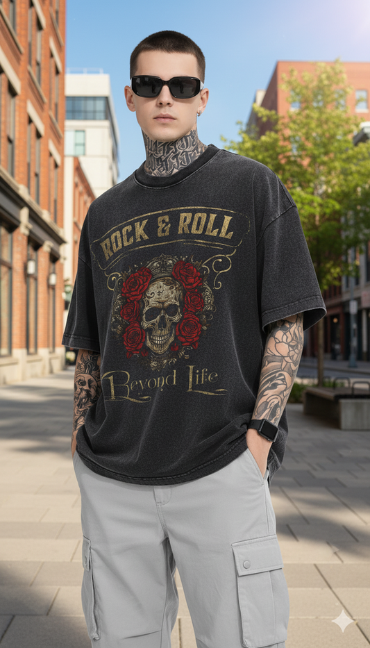 Men's Oversized Rock & Roll Skull Graphic T-Shirt | Premium Cotton Acid Wash Tee
