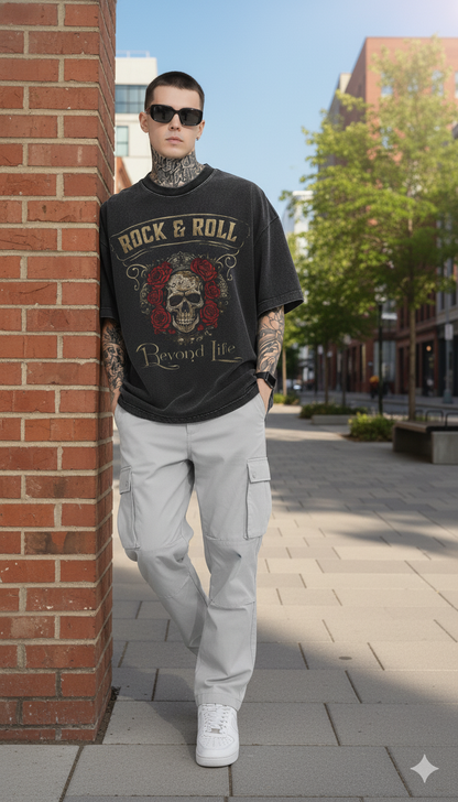 Men's Oversized Rock & Roll Skull Graphic T-Shirt | Premium Cotton Acid Wash Tee