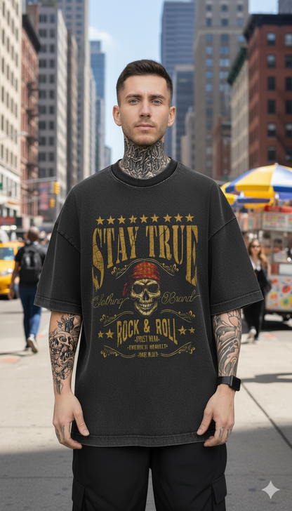 Men's Oversized Stay True Skull Graphic T-Shirt | Premium Cotton Acid Wash Tee