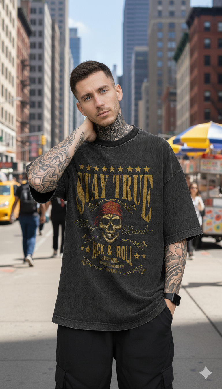 Men's Oversized Stay True Skull Graphic T-Shirt | Premium Cotton Acid Wash Tee