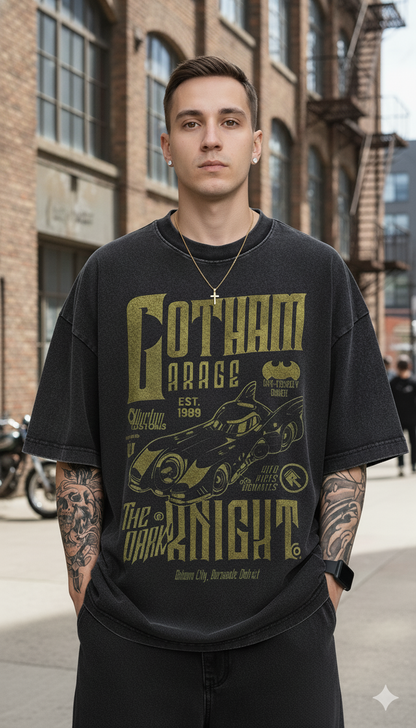 Men's Oversized Gotham Garage Graphic T-Shirt | Premium Cotton Acid Wash Tee
