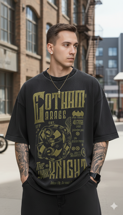 Men's Oversized Gotham Garage Graphic T-Shirt | Premium Cotton Acid Wash Tee