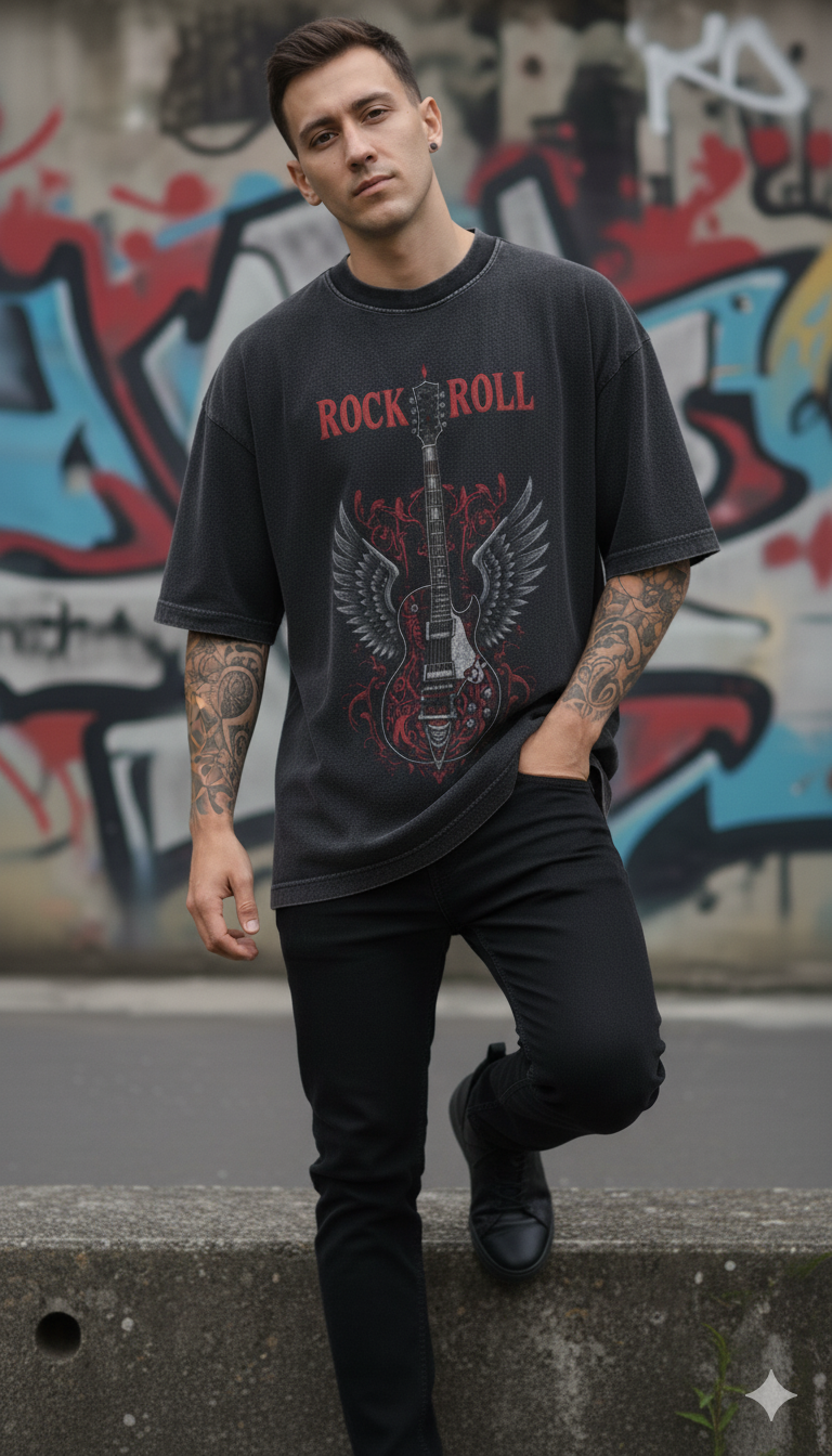 Men's Oversized Rock & Roll Guitar Graphic T-Shirt | Premium Cotton Acid Wash Tee