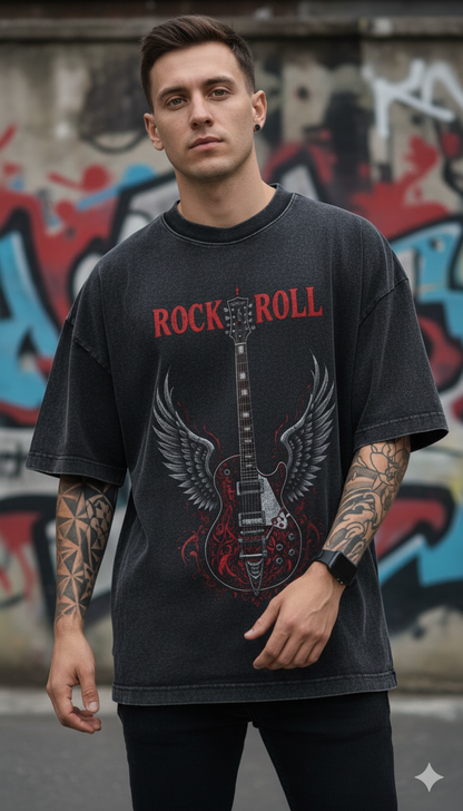 Men's Oversized Rock & Roll Guitar Graphic T-Shirt | Premium Cotton Acid Wash Tee
