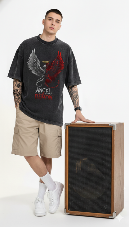 Men's Oversized Angel & Demon Graphic T-Shirt | Premium Cotton Acid Wash Tee