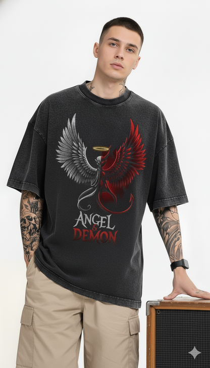 Men's Oversized Angel & Demon Graphic T-Shirt | Premium Cotton Acid Wash Tee