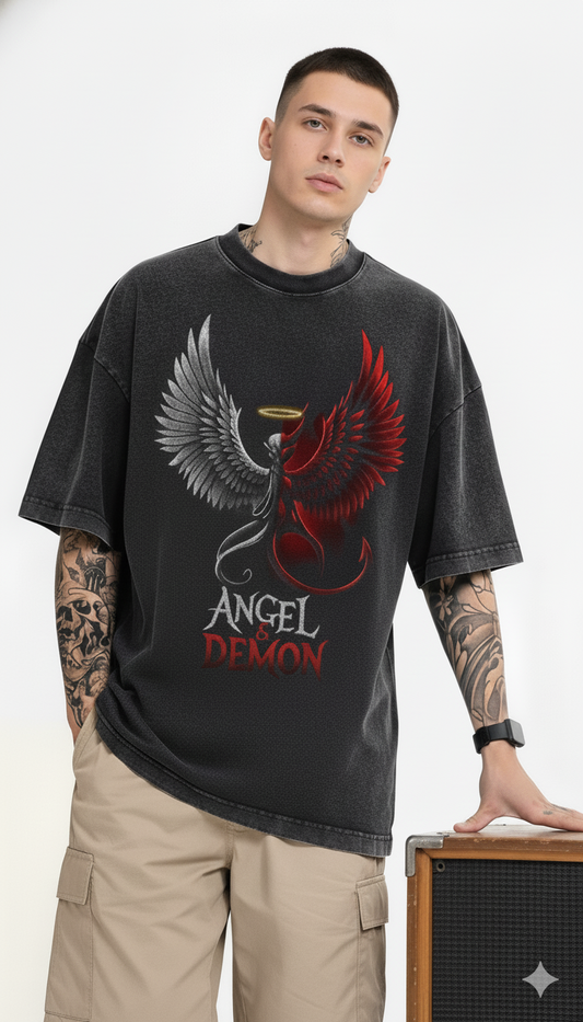 Men's Oversized Angel & Demon Graphic T-Shirt | Premium Cotton Acid Wash Tee