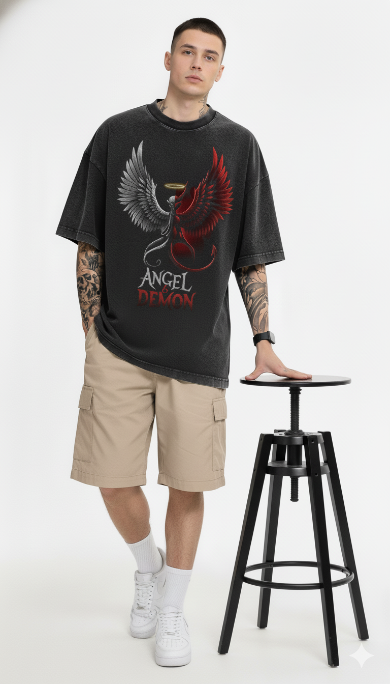Men's Oversized Angel & Demon Graphic T-Shirt | Premium Cotton Acid Wash Tee