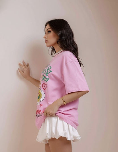 Women's Oversized Pink Pasta & Vino Graphic Printed T-Shirt – Relaxed Fit Cotton Casual Tee