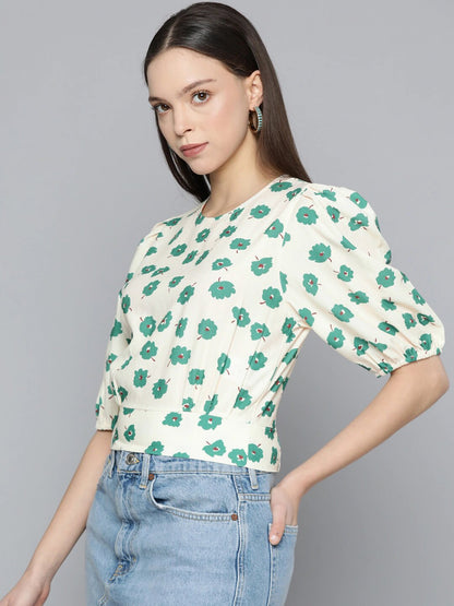 Women's White Floral Print Puff Sleeve Crop Top – Casual Round Neck Cinched Waist Top