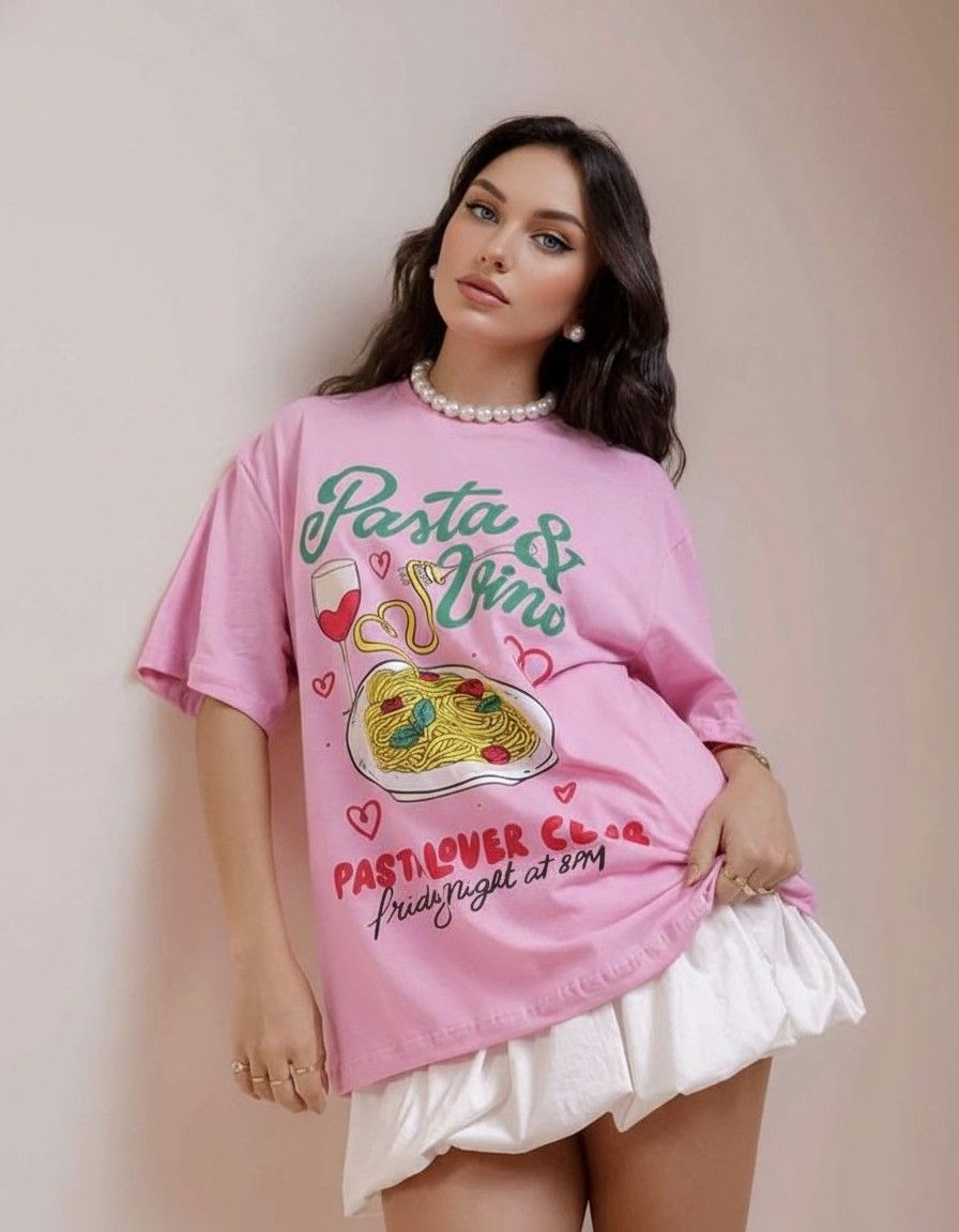 Women's Oversized Pink Pasta & Vino Graphic Printed T-Shirt – Relaxed Fit Cotton Casual Tee