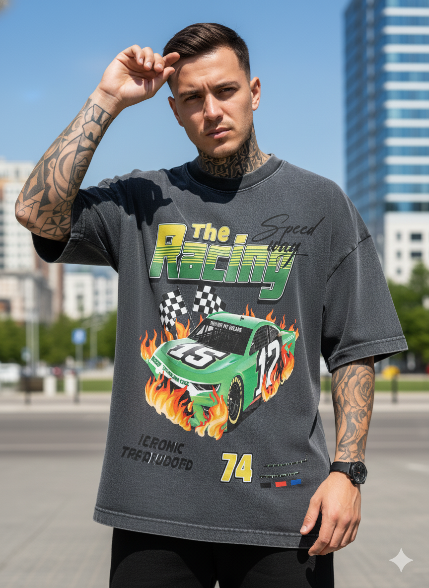 Men's Oversized Racing Graphic Tee – Dark Grey