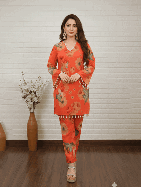 Vibrant Orange Floral Salwar Kameez with Pearl Details