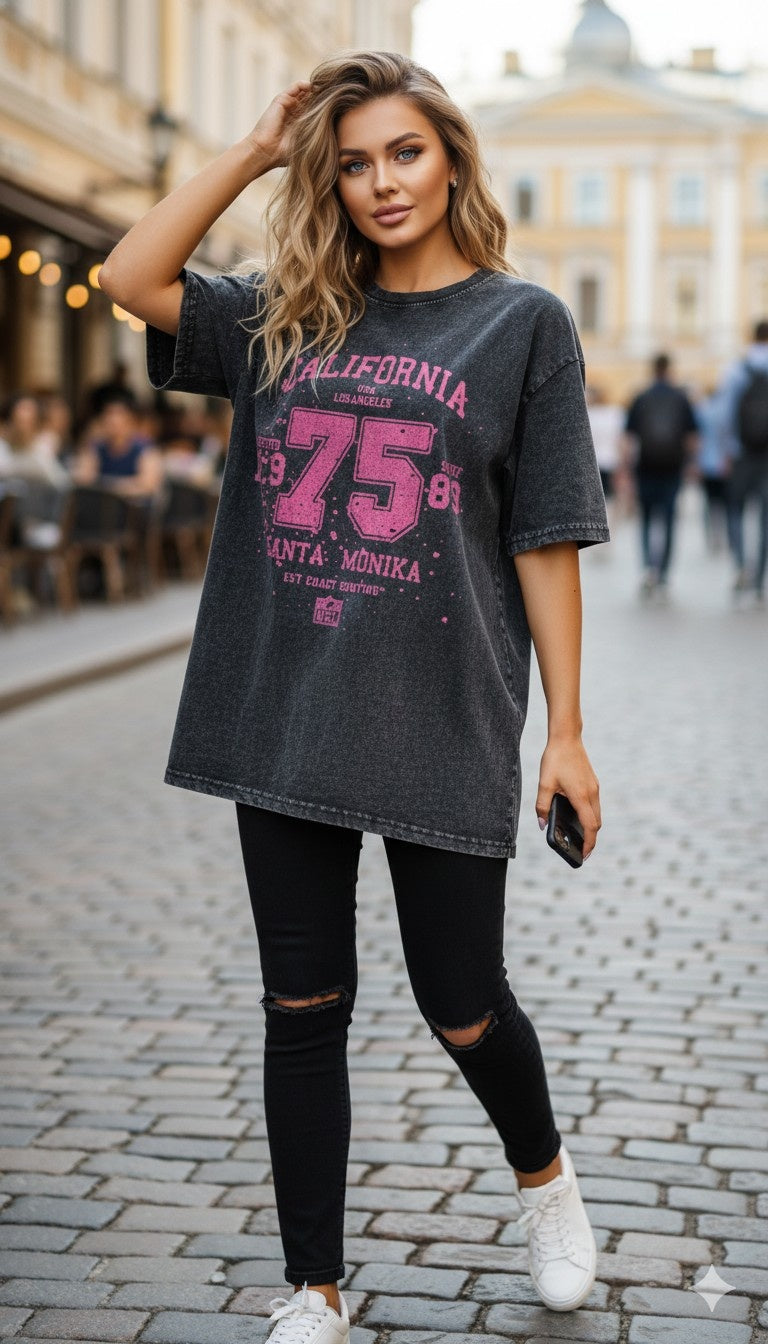 California 75 Santa Monica Acid Wash Oversized T-Shirt - 240 GSM Premium Cotton
