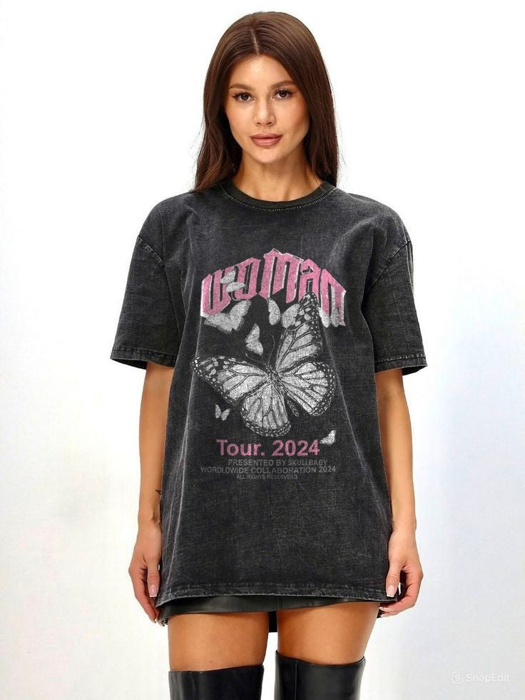 WOMAN Butterfly Tour 2024 Acid Wash Oversized T-Shirt - 240 GSM Premium Cotton