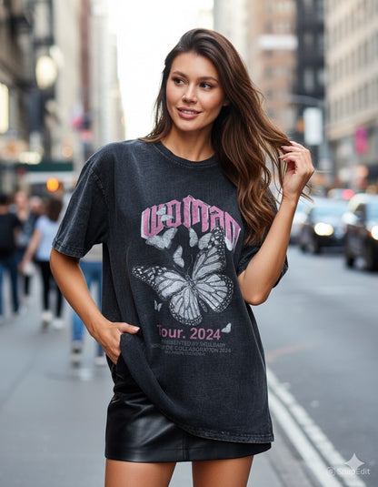 WOMAN Butterfly Tour 2024 Acid Wash Oversized T-Shirt - 240 GSM Premium Cotton