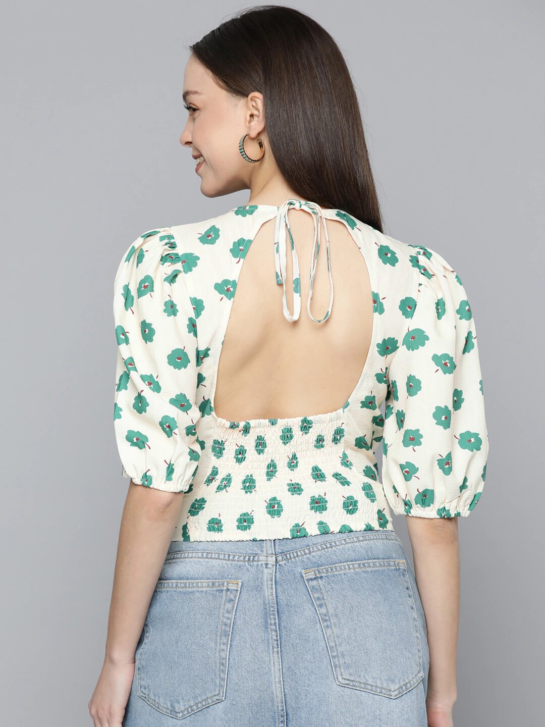Women's White Floral Print Puff Sleeve Crop Top – Casual Round Neck Cinched Waist Top