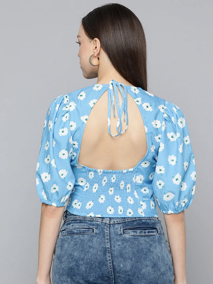 Women's Blue Floral Print Puff Sleeve Crop Top – Casual Round Neck Cinched Waist Top