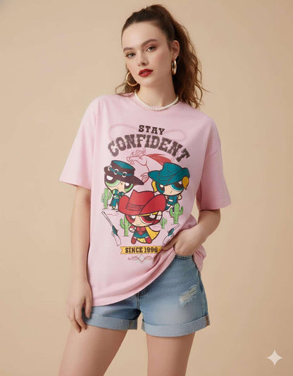 Women's Oversized Pink Stay Confident Graphic Printed T-Shirt – Relaxed Fit Cotton Casual Tee