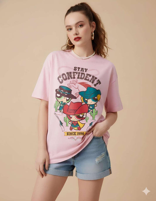 Women's Oversized Pink Stay Confident Graphic Printed T-Shirt – Relaxed Fit Cotton Casual Tee