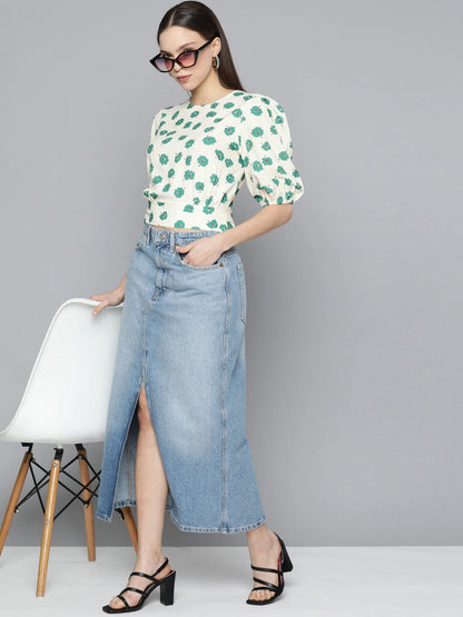 Women's White Floral Print Puff Sleeve Crop Top – Casual Round Neck Cinched Waist Top