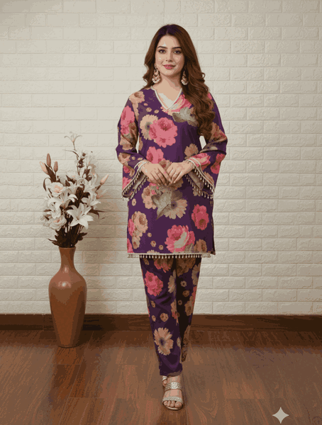 Chic Purple Floral Salwar Kameez with Pearl Accents