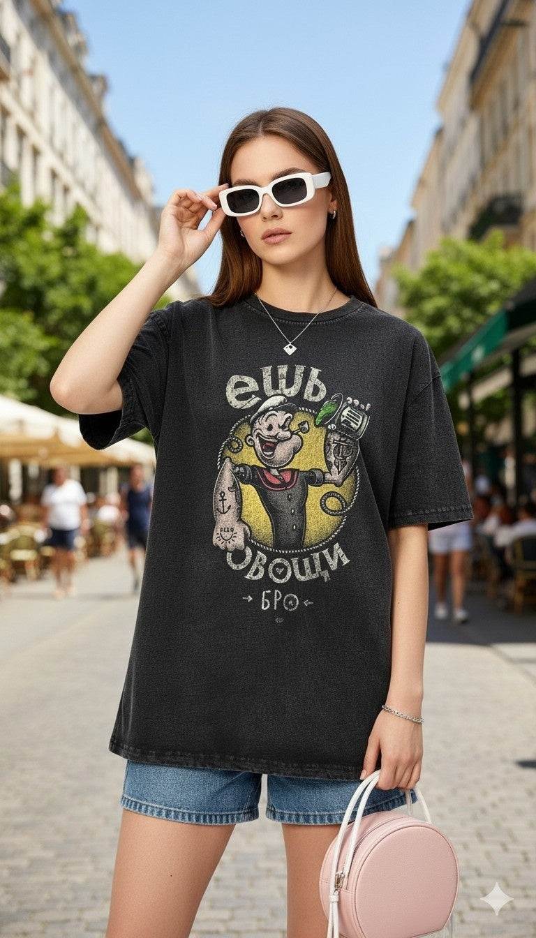 Playful Acid Wash 240 GSM Oversized T-Shirt with Minnie Mouse Design
