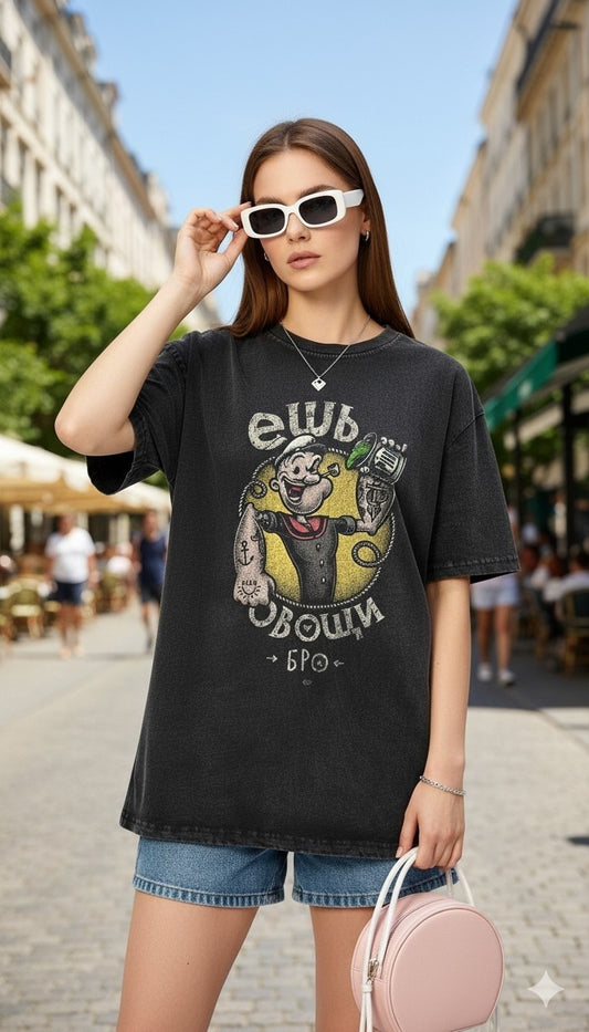 Playful Acid Wash 240 GSM Oversized T-Shirt with Minnie Mouse Design