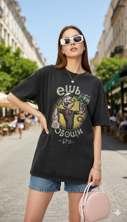 Playful Acid Wash 240 GSM Oversized T-Shirt with Minnie Mouse Design