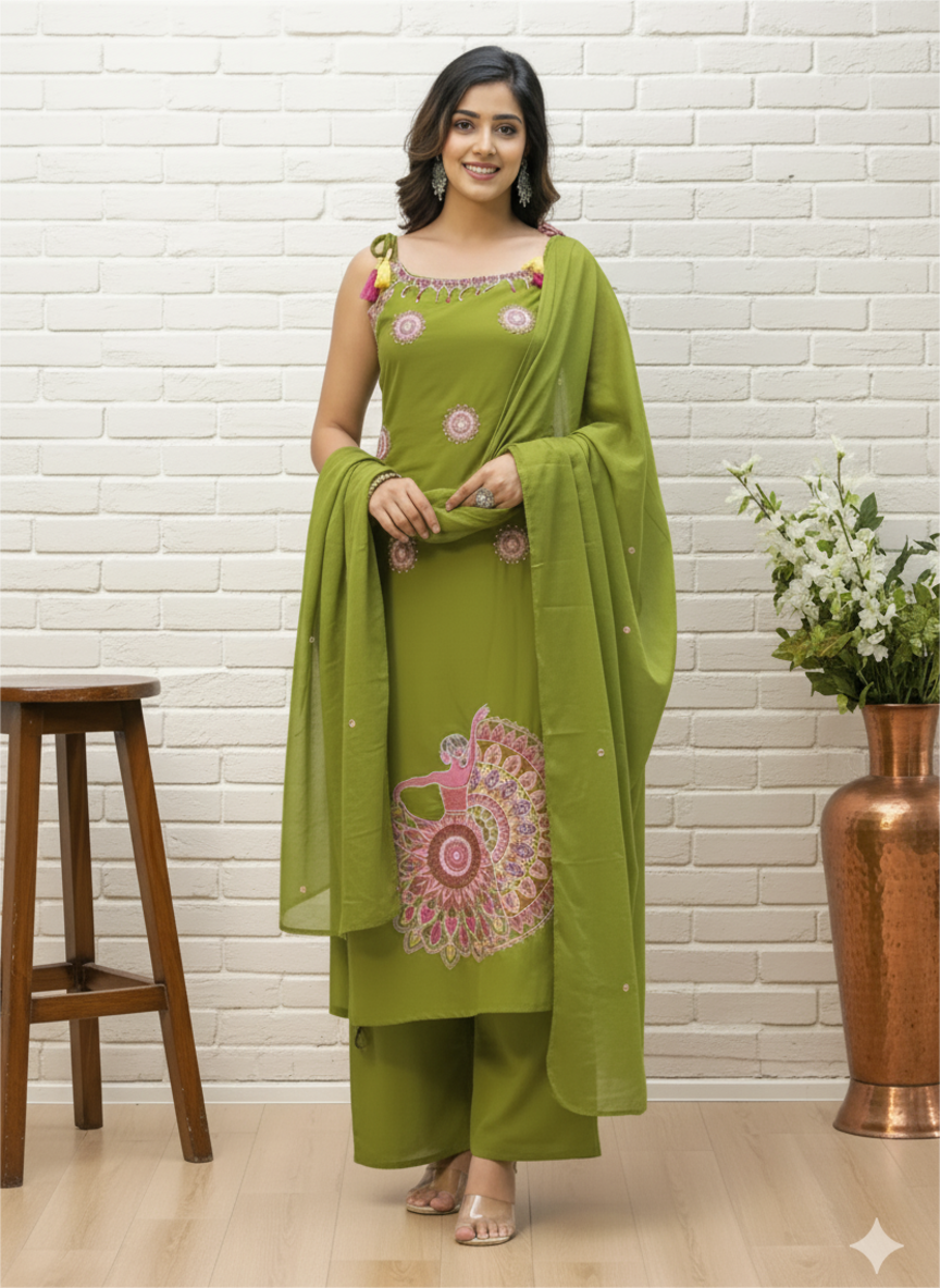 Green Embroidered Sleeveless Kurta Set with Dupatta