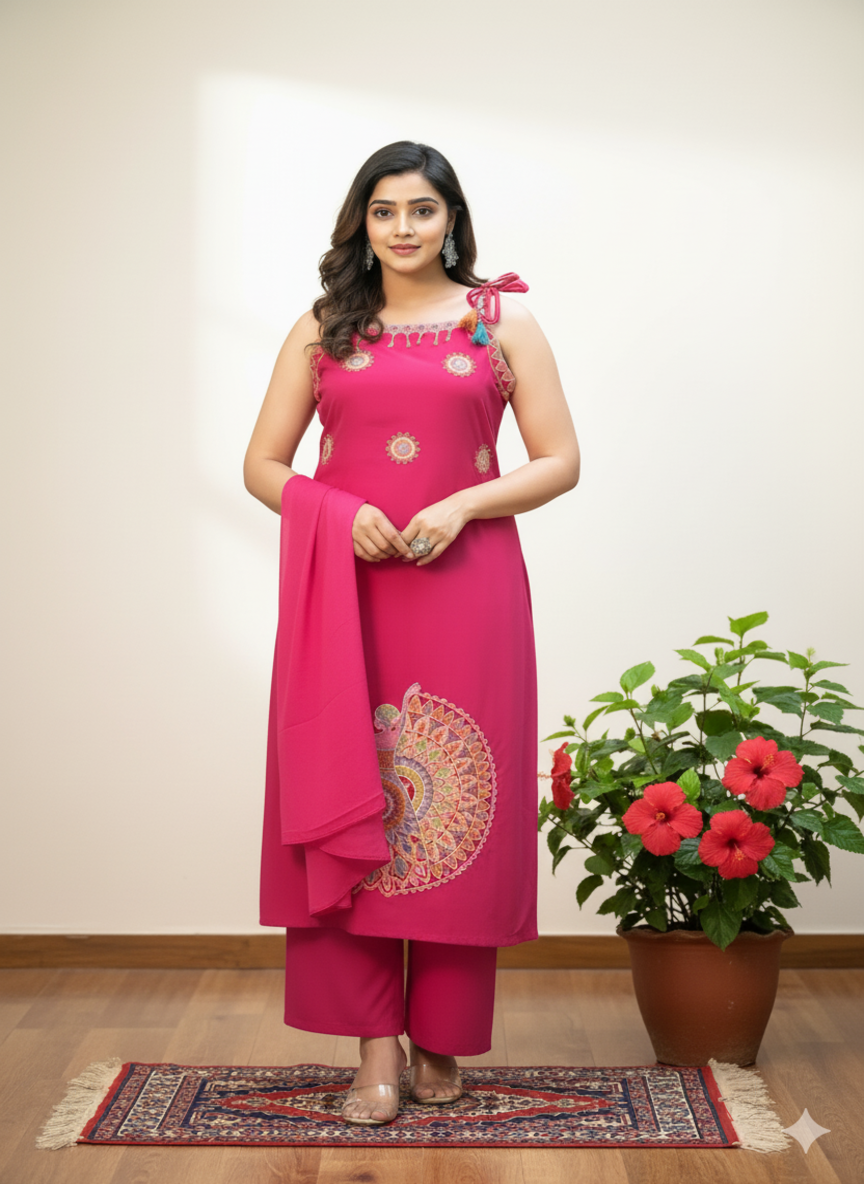 Pink Embroidered Sleeveless Kurta Set with Dupatta