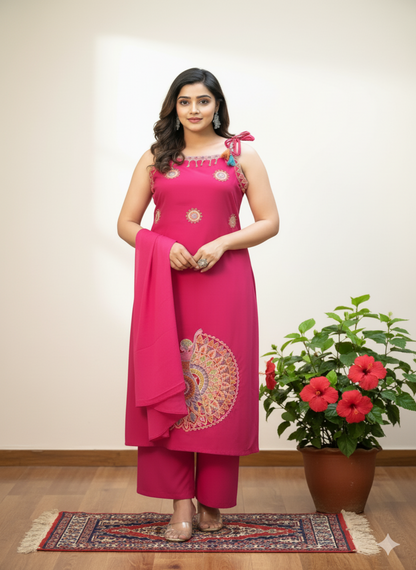 Pink Embroidered Sleeveless Kurta Set with Dupatta