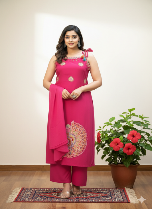 Pink Embroidered Sleeveless Kurta Set with Dupatta