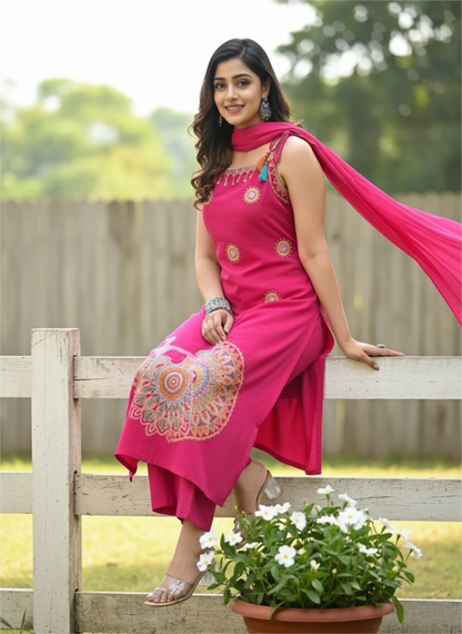 Pink Embroidered Sleeveless Kurta Set with Dupatta