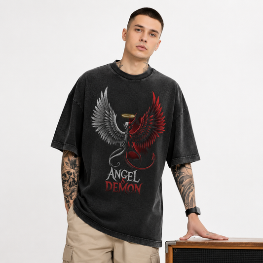 Men's Oversized Angel & Demon Graphic T-Shirt | Premium Cotton Acid Wash Tee