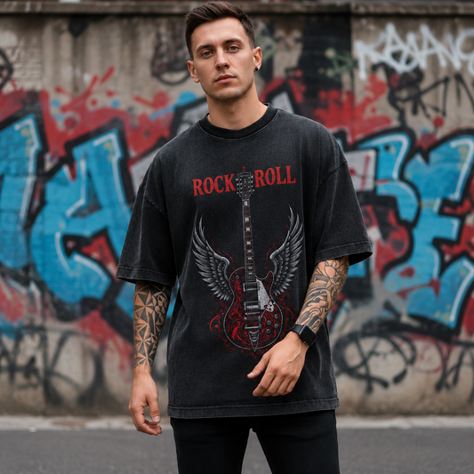 Men's Oversized Rock & Roll Guitar Graphic T-Shirt | Premium Cotton Acid Wash Tee