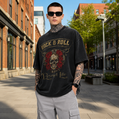 Men's Oversized Rock & Roll Skull Graphic T-Shirt | Premium Cotton Acid Wash Tee