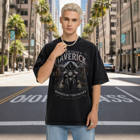 Men's Oversized Midnight Maverick Biker Graphic T-Shirt | Premium Cotton Acid Wash Tee