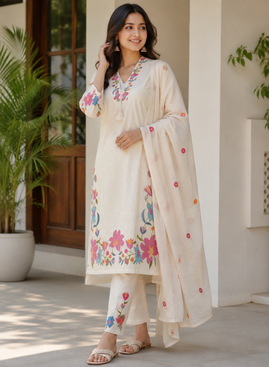 Serene Bloom: The Artisanal Ivory & Pastel Kurta Set