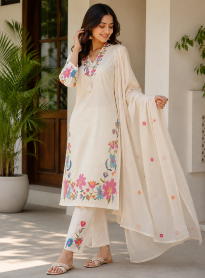 Serene Bloom: The Artisanal Ivory & Pastel Kurta Set
