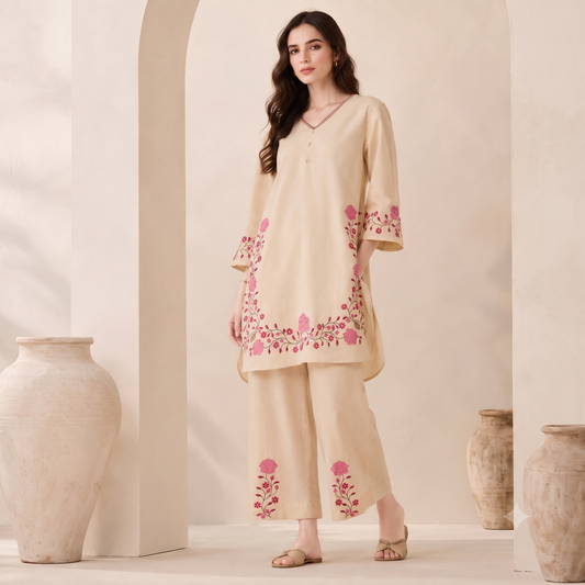 Women's Elegant Off-White Floral Embroidered Kurta & Palazzo Set