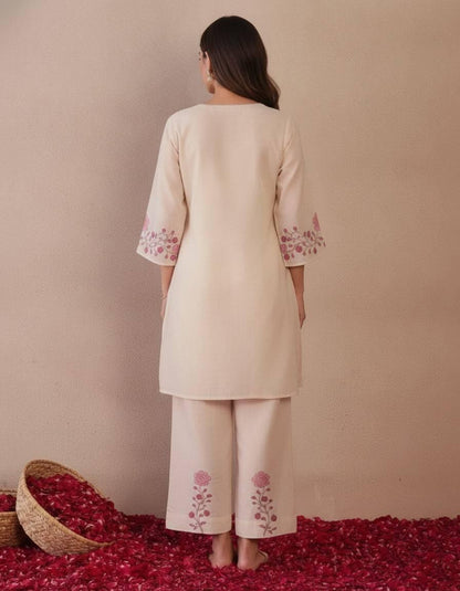 Women's Elegant Off-White Floral Embroidered Kurta & Palazzo Set