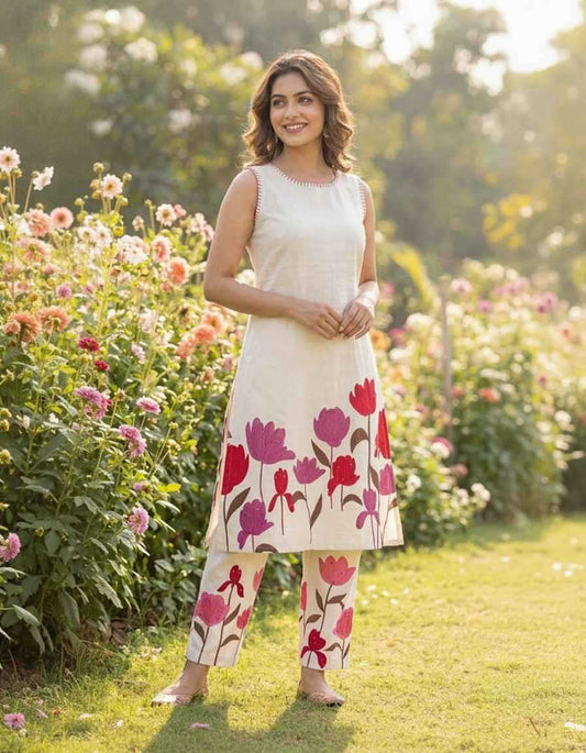Women's Off-White Floral Printed Sleeveless Kurta & Pant Set