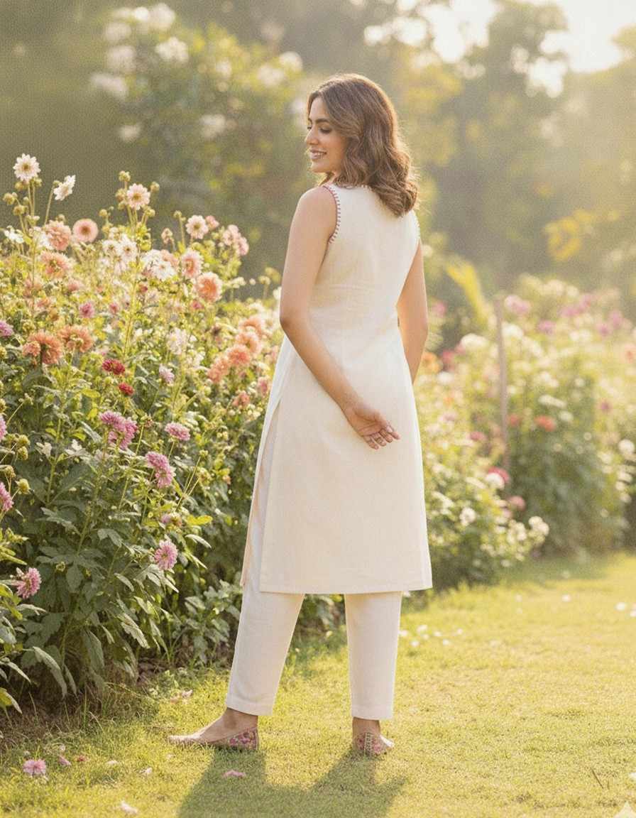 Women's Off-White Floral Printed Sleeveless Kurta & Pant Set