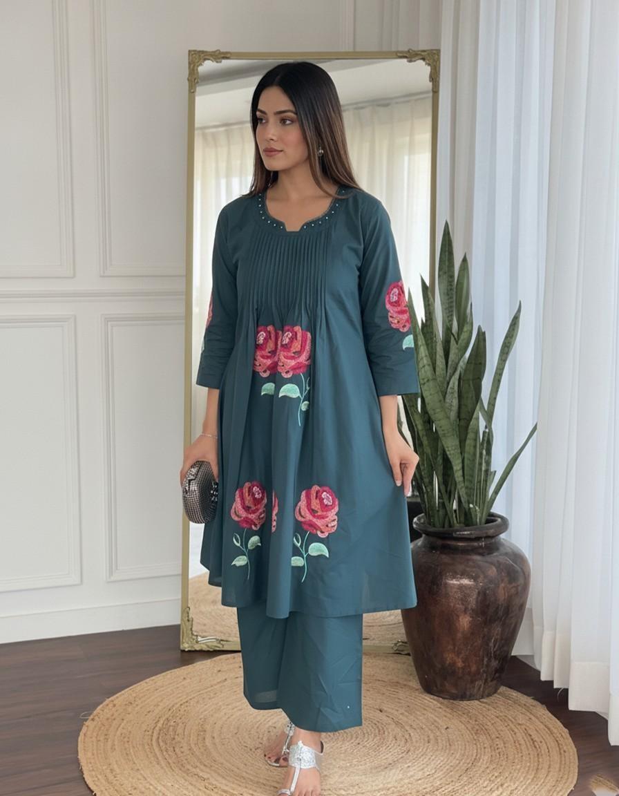 Women's Teal Floral Embroidered A-Line Kurta & Palazzo Set