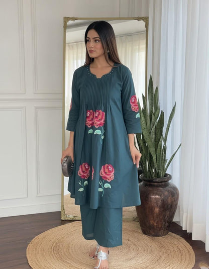 Women's Teal Floral Embroidered A-Line Kurta & Palazzo Set